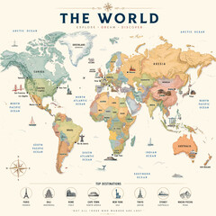 A vintage-style world map with country names, oceans, and iconic global landmarks for travel and exploration. © megulung