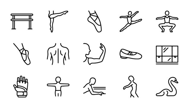 Ballet Dancer Poses, Dance Studio Equipment, and Anatomy Icons: 15 Vector Elements