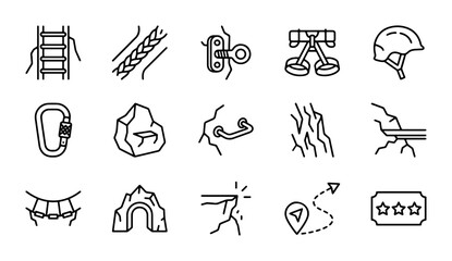 Climbing Icons Set: Adventure Gear, Rock Formations, Safety Equipment, Vector Graphics © Shovon