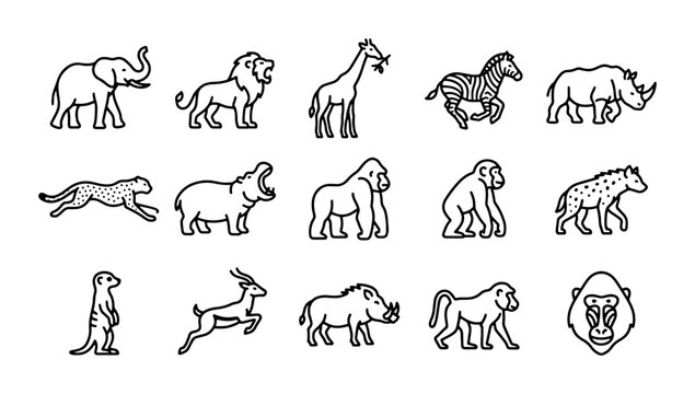 African Wildlife Icons Set, Safari Animals Collection, Zoo Creatures Vector Graphics