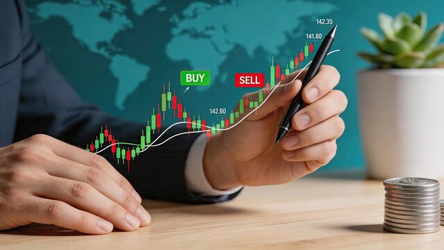 Hand drawing stock market candlestick chart with buy and sell indicators, financial trading concept, investment analysis, world map background, economic growth and profit