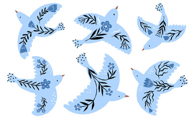 Obraz premium Blue birds set with folk floral ornaments for International Peace Day and world harmony celebrations