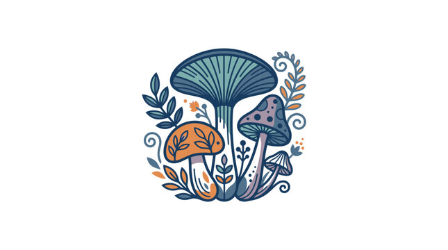 Three colorful mushrooms with leaves and branches illustration.