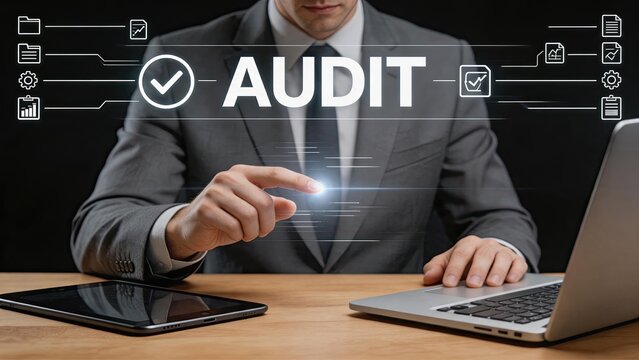 Businessman in suit interacting with virtual audit text and icons on dark background, illustrating financial inspection, compliance check, accounting review, and corporate