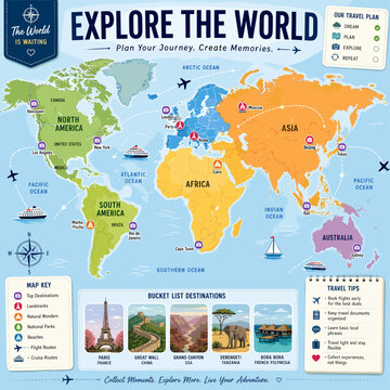 Colorful infographic world map illustrating global travel destinations, bucket list ideas, and travel planning tips for exploration.