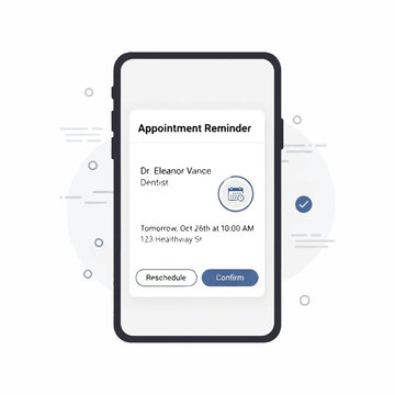 A smartphone displays a dental appointment reminder on its screen indoors.