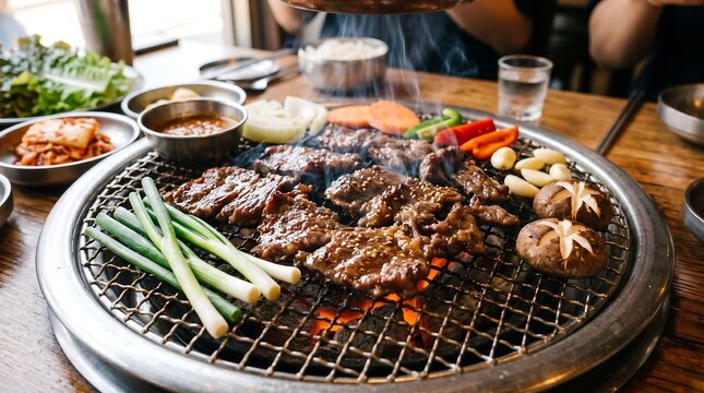 Korean barbecue with marinated beef cooking on charcoal grill. Meal with grilled meat, mushroom, onion and scallion. Asian culinary dining experience. Traditional food culture concept.
