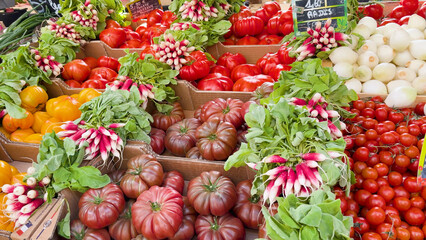 Obraz premium Fresh Heirloom Tomatoes and Radishes at a French Market in Cassis