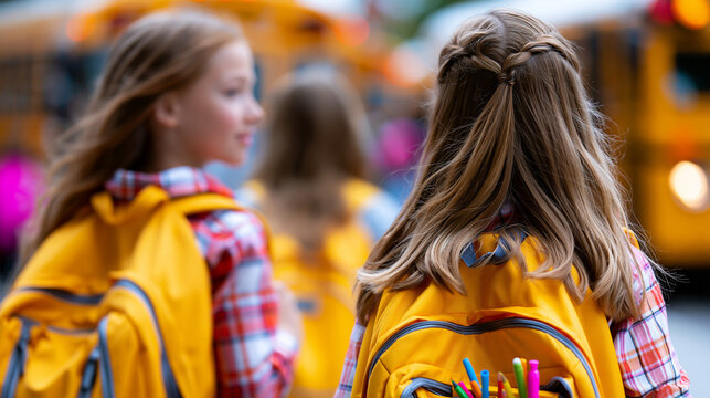 Zwei M&auml;dchen von hinten mit gelben Rucks&auml;cken stehen vor einem Schulbus.