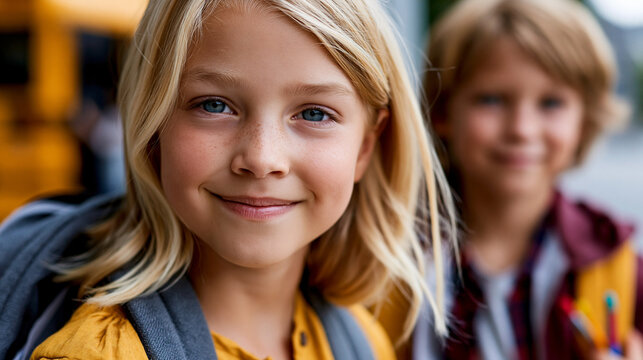 Ein l&auml;chelndes blondes Kind mit Rucksack steht vor einem Schulbus mit einem Mitsch&uuml;ler im Hintergrund
