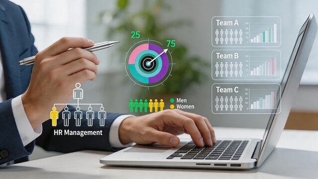 HR manager using laptop to analyze workforce diversity, showing holographic charts of Team A B C, gender ratio pie chart, and organizational structure, human resource management