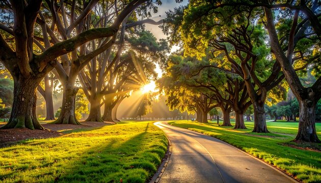 A sunlit avenue lined with mature trees, casting long shadows on a curved pathway through lush green grass