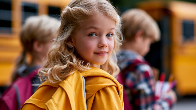 Ein l&auml;chelndes blondes Kind mit Rucksack steht vor einem Schulbus mit einem Mitsch&uuml;ler im Hintergrund