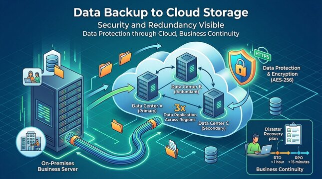 3D isometric infographic of secure cloud data protection, redundancy, and disaster recovery plan for business continuity.