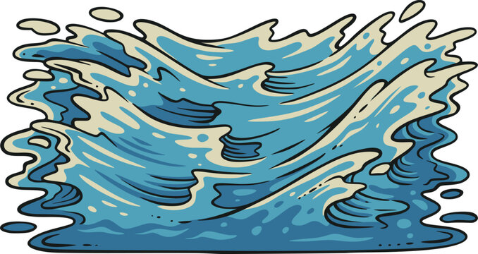 Colorful cartoon line illustration of a crashing ocean wave with foam and splashes, shown front-facing as a dynamic isolated water element