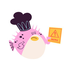Pink pufferfish wearing chef hat menu. © Ahmad
