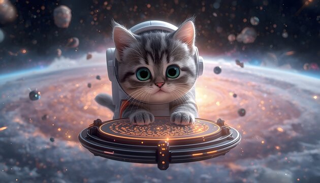 Cute kitten playing scratcher pad in a fantasy outer space scene. Adorable cat with big eyes on a cosmic platform, perfect for pet and animal themes.