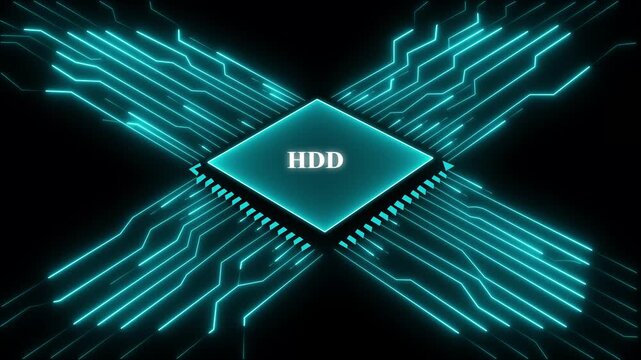 Blue H D Hard Disk Drive Circuit Board Background with Glowing Neon Lines and Microchip Technology. Technology and network concept. 4k video animation on black background.