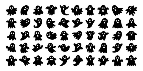 Fototapeta premium Ghosts in Various Playful Poses, Black Silhouettes on White Background, Halloween-Themed Illustrations