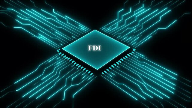 F D I Investment Technology Concept with Blue Circuit Board and Microchip foreign direct investment. Technology and network concept. 4k video animation on black background.