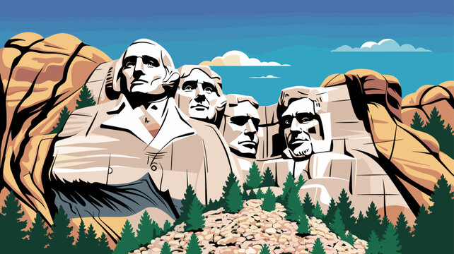 Mount Rushmore National Memorial featuring the carved faces of four U.S. Presidents against a backdrop of pine trees and mountains.