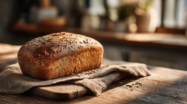 Freshly baked multigrain loaf on a rustic wooden board with warm natural light