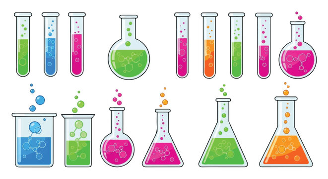 Various colorful laboratory equipment containing chemicals in a science lab setting with test tubes and flasks.