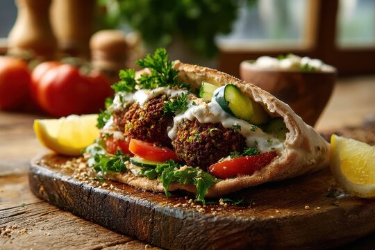 Colorful vegetarian falafel pita stuffed with greens, cucumber and tomato