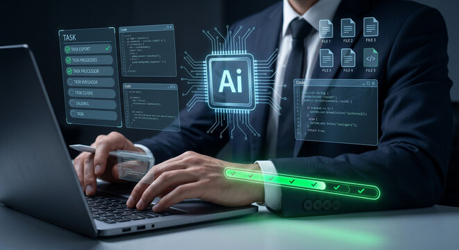 AI automation workflow task management with checklist milestone tracking and coding system on laptop for software development performance optimization and intelligent enterprise process integration