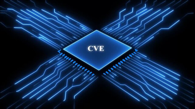 Blue C V E microchip with glowing circuit board lines on black background for tech and cybersecurity concepts. Technology and network concept. 4k video animation on black background.