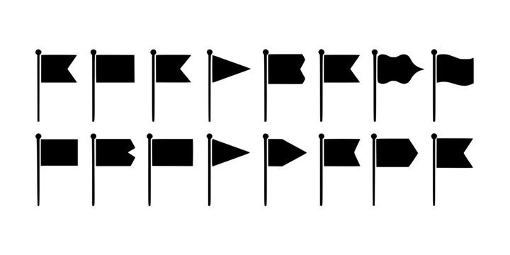 Flags with Various Shapes and Designs on Poles Featuring Black, Silhouettes, Vector with Graphic and Symbols Elements for Icons, Communication