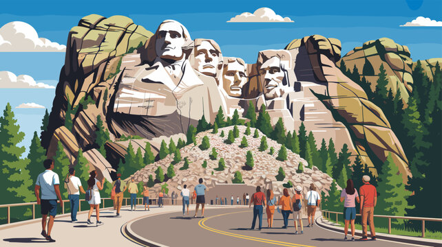 Tourists admire the majestic Mount Rushmore National Memorial, featuring the carved faces of four U.S. presidents amidst a scenic mountain landscape.