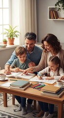 Fototapeta premium Family drawing together at home table.