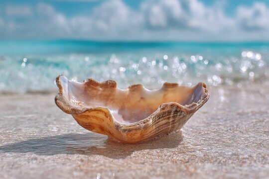 Close-up of a big seashell with glossy interior against calm blue sea and shore