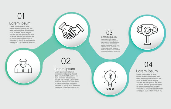 Four flat icons representing business concepts with lorem ipsum text on a teal background