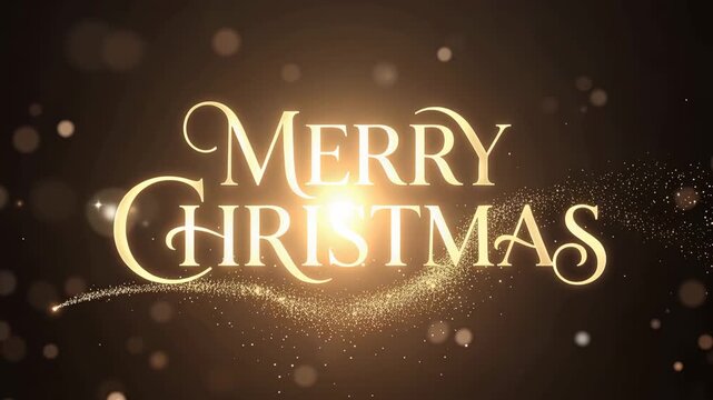 Elegant Gold Merry Christmas Text Animation with Sparkling Golden Particle Trail and Bokeh Lights on Black Background 