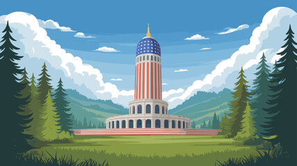 A majestic, stylized tower with a patriotic American flag-themed dome stands tall amidst a lush, green landscape with rolling hills and pine trees under a bright, cloudy sky. © blu