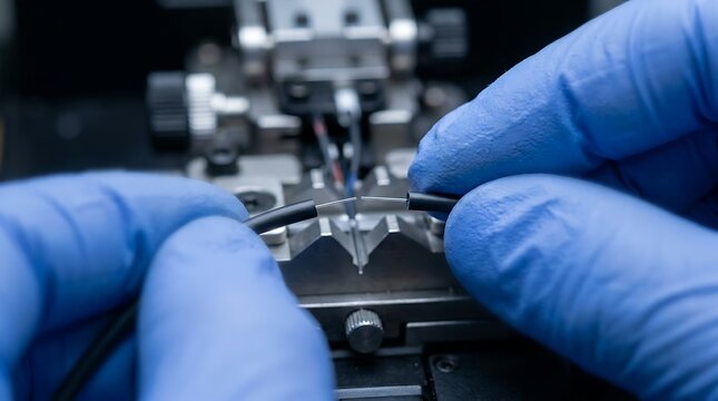 Fiber optic technician using fusion splicing machine for internet network cables with splicing
