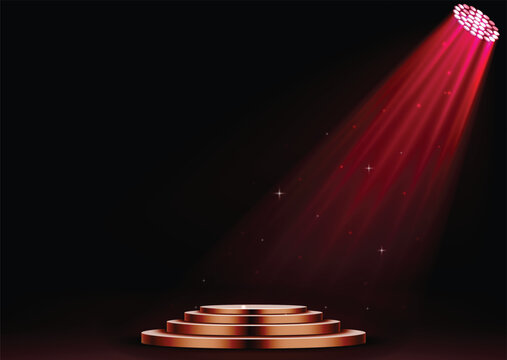 Dramatic spotlight shining on empty stage with golden tiered platform on black background