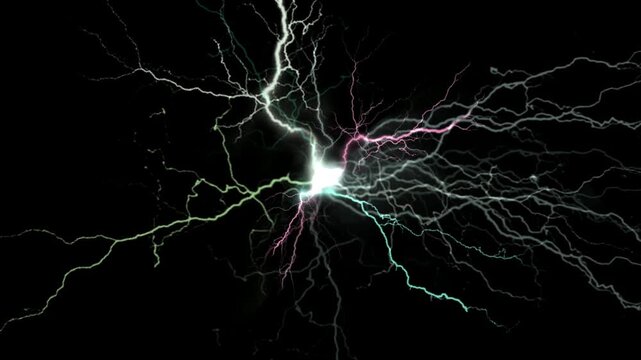 Electric lightning bolts striking from center on black background. Glowing plasma flash sparks, powerful abstract energy discharge storm or high voltage shockwave motion graphic