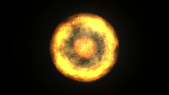 Abstract burning fire ring explosion on black background. Glowing fiery sun portal, hot plasma energy blast shockwave tunnel loop or cosmic supernova motion graphic