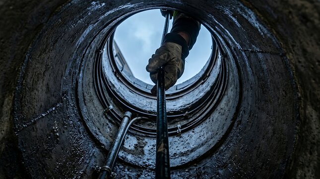 Looking up from inside a narrow concrete underground utility shaft with underground, concrete