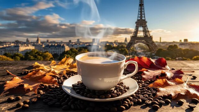 Steaming coffee cup and autumn leaves on a table with Paris cityscape backdrop