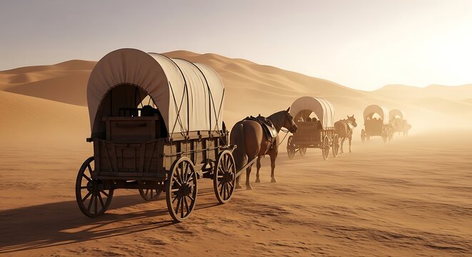 Conestoga wagons with horses traveling through a desert landscape at sunset with sandy dunes