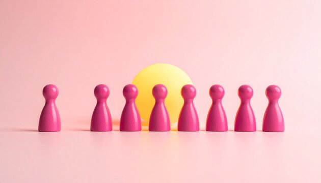 Seven pink pawns align before a glowing yellow sphere, symbolizing teamwork, collective focus, and shared vision toward a radiant common goal.