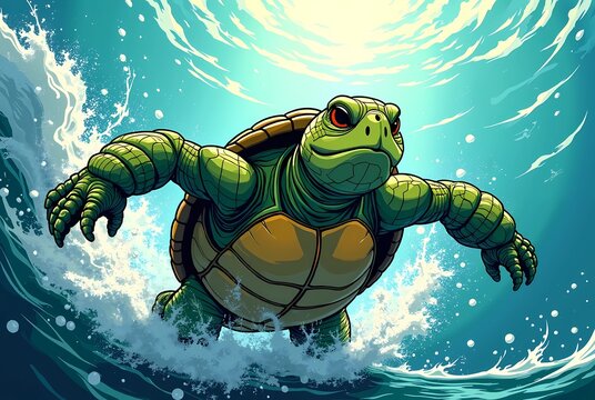 Comic Style Turtle Character Swimming in Ocean Vector Illustration