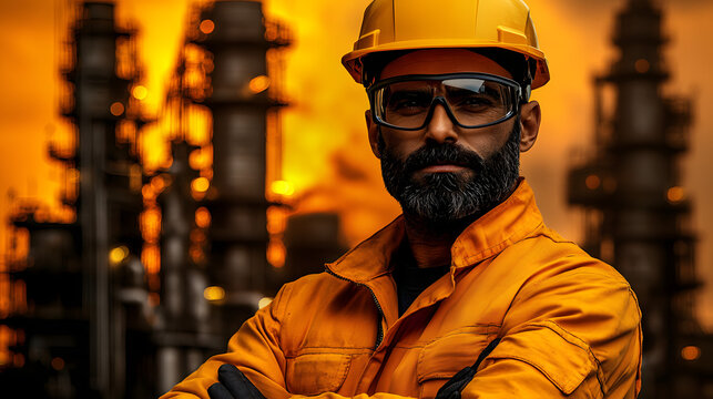Portrait of confident industrial engineer worker wearing hard hat uniform at factory plant refinery
