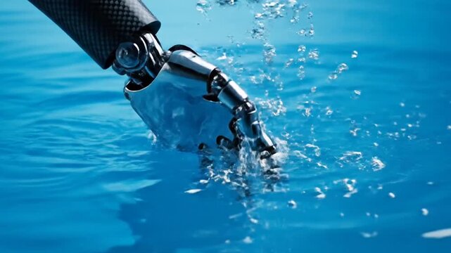 Robotic hand splashing into clear blue water and lifting out, waterproof robotics and haptic technology.