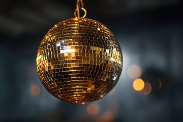 Obraz premium Gleaming gold disco ball suspended in moody ambient lighting with sparkling facets