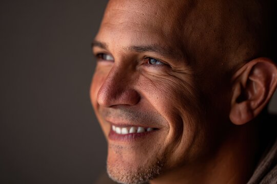 Friendly bald man portrait featuring a bright toothless smile and calm expression